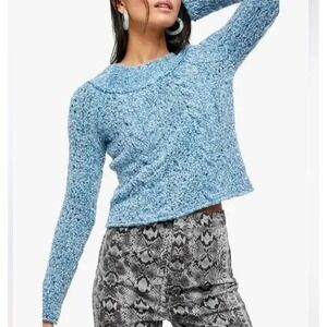 Free People Womens Avalon Sweater Medium Blue Speckled Crewneck Knit